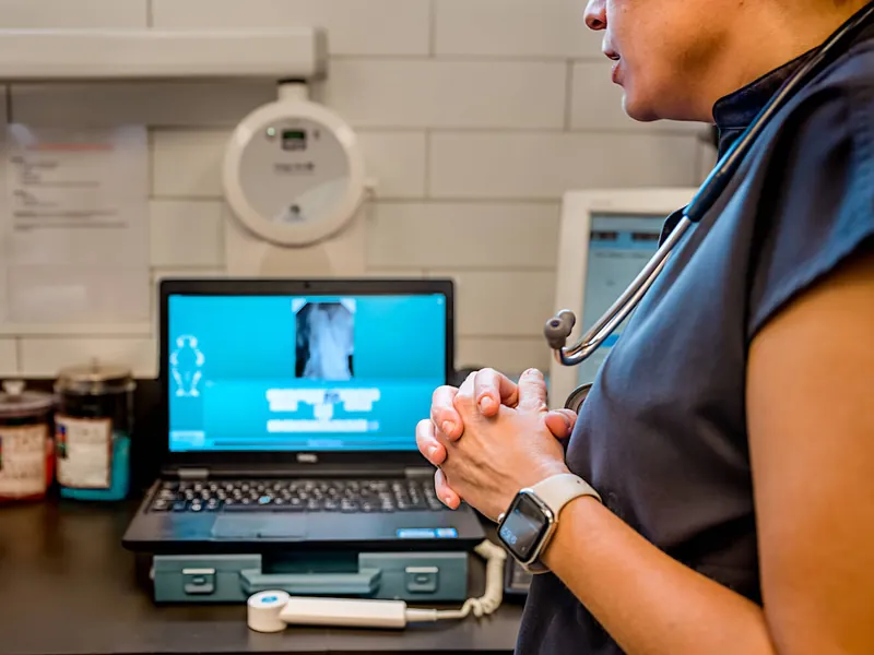 A team member reviewing a dental X-ray on a laptop