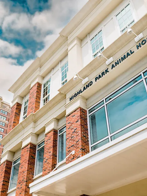 The Highland Park Animal Hospital building and signage from street level